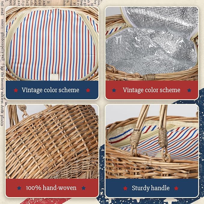 Wicker Picnic Basket with Insulated Lined Bag 15“ x 11” x 7“ Red, White,Blue Star Stripe Pattern, Iced Beer Insulated Bag for Camping, Picnics, Birthday Gifts, Wedding Gifts - Image 7