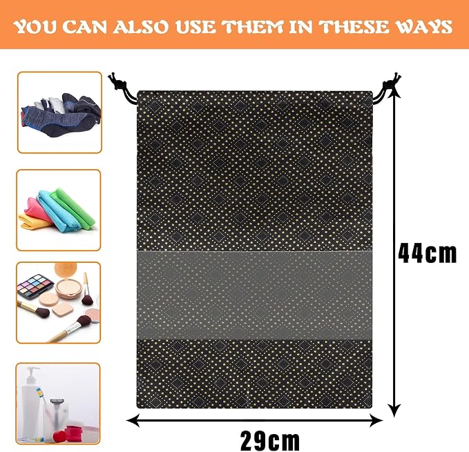Kuber Industries Shoe Bags | Shoe Bags for Travel | Drawstring Shoe Storage Bags | Storage Organizers Set | Shoe Cover with Transparent Window | Shoe Pouches | Golden Dot-Print | Pack of 6 | Black - Image 3