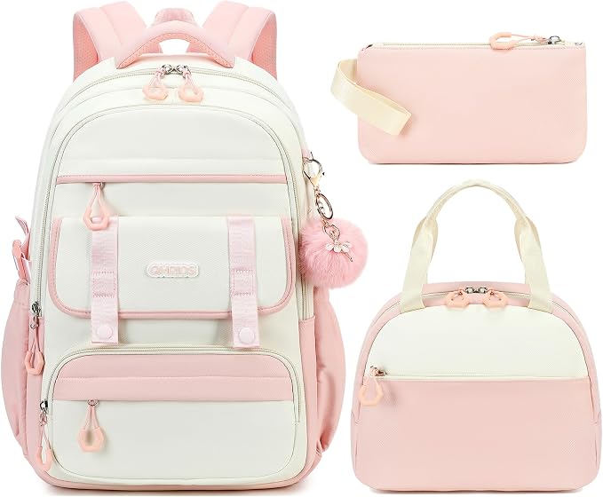 School Backpack for Girls, 3PCS Laptop Backpack 15.6 Inch with Lunch Box Pencil Pouch Set for Kids Teens Elementary Middle High School College Bookbag Student Casual Travel Daypack,Pink Beige by QHRIDS