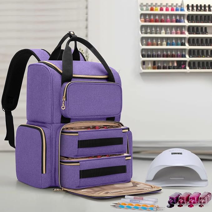 LUXJA Nail Polish Organizer Backpack Holds 70 Bottles and a UV Lamp | Travel Nail Bag with 2 Removable Cases, Ample Tools Storage Pockets, Adjustable Shoulder Straps, Trolley Sleeve, Purple - Image 8