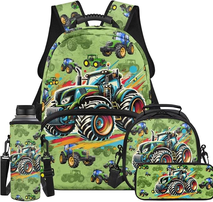 Green Buggy Backpack for Boys Kids Backpack with Lunch Box and Aesthetic Pencil Case 4 in 1 Set Bookbag for Elementary Kindergarten 17 inch Large Capacity School Bag with Compartments by Unknown