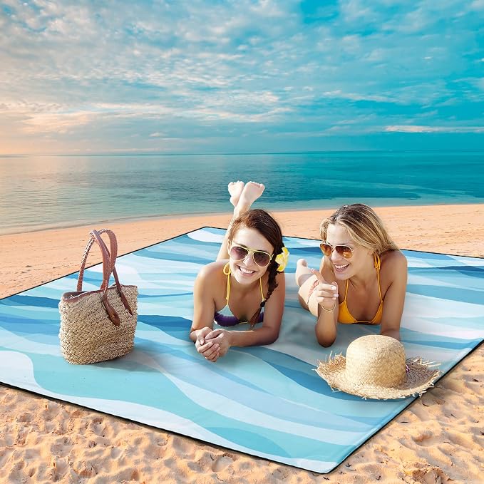 HIHOHO Beach Blanket Waterproof Sandproof Beach Mat for 1-8 Adults Quick Drying Durable Outdoor Picnic Mat for Beach Festival Travel Camping Hiking (Ocean Wave-Multi Blue, 79"×83"(4 Person)) - Image 6
