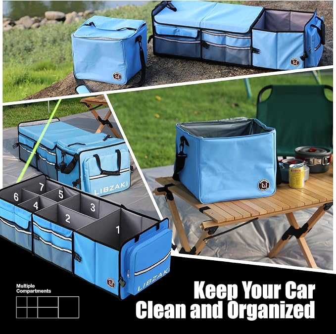 LIBZAKI Oversize 4 in 1 Car Trunk Storage Organizer, Multi Compartment Collapsible Trunk Storage Box with Cooler Bag for Car Truck SUV-Light Blue - Image 7