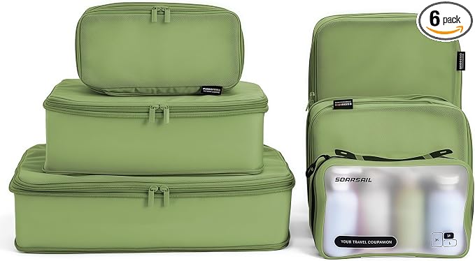6 Set Compression Packing Cubes for 7–14 Day Travel, Forest Green | Nylon Oxford Fabric, Full Breathable Mesh, Reinforced Double-Zipper, Small to Large Size Bag, Expandable Packing System by SOARSAIL