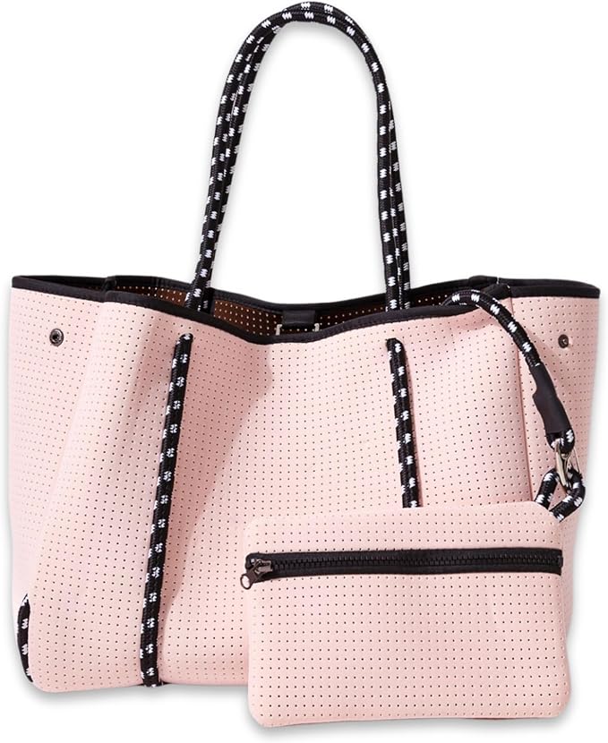POPUPS Large Neoprene Tote Bag for Women – Stylish Work, Beach, Travel Bag with Pockets, Rope Handles with Zipper Pouch (Pretty Pink II) by POPUPSBrand