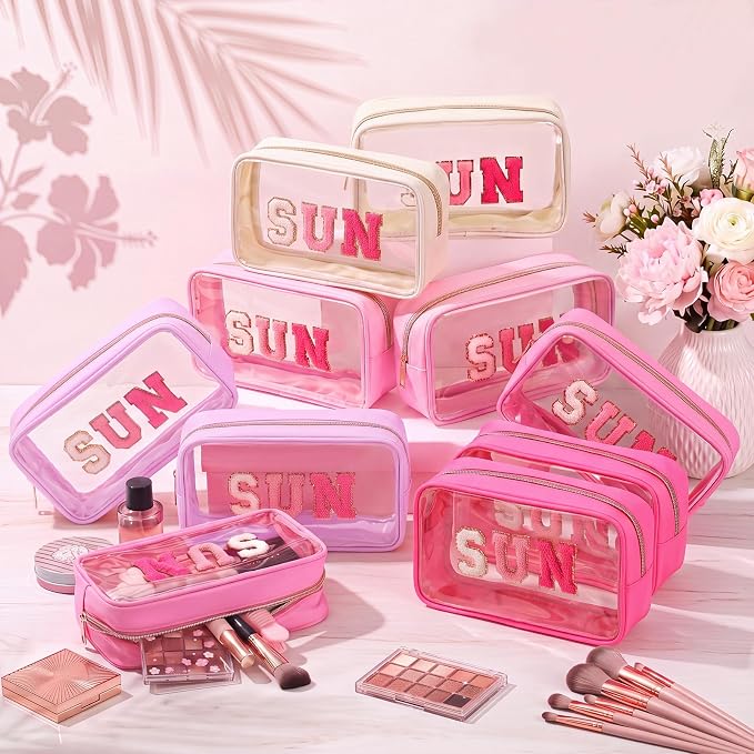 Kacctyen 10 Pcs Sun Clear Makeup Bags with Zipper in 5 Assorted Colors, Chenille Letter Sunscreen Bags Bulk, Clear Waterproof Cosmetic Bag for Women Beach Pool Trip & Summer Birthday Party Favors - Image 6