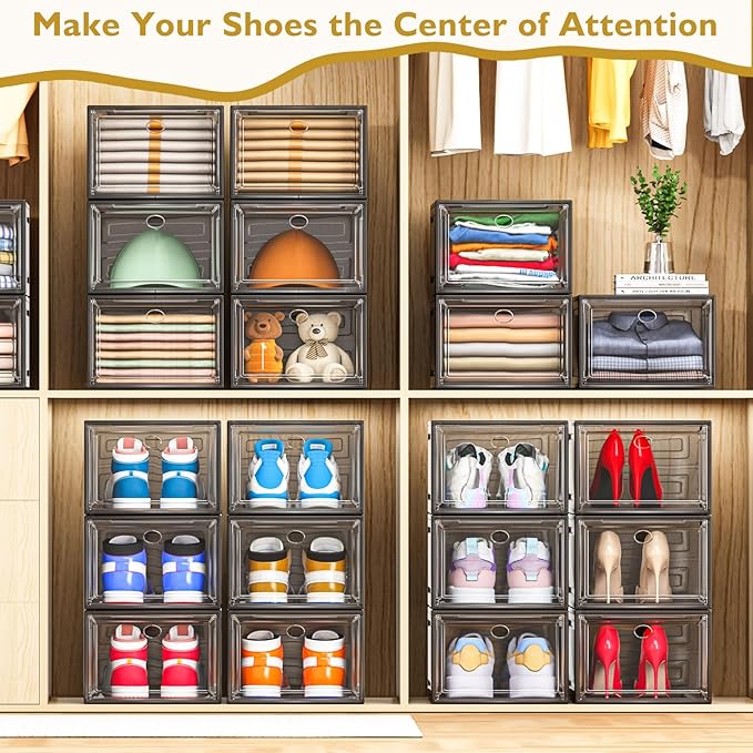 12 Pack Clear Shoe Storage Organizer with Magnetic Door, Stackable Plastic Shoe Boxes for Sneakers, Boots, and Heels, Space-Saving Foldable Shoe Rack for Closet, Durable Shoe Cabinet Organizer, Black - Image 6