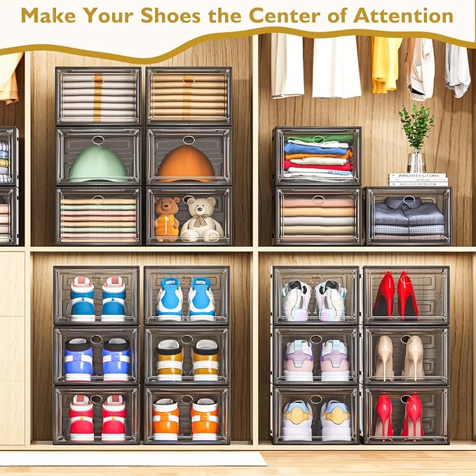 12 Pack Clear Shoe Storage Organizer with Magnetic Door, Stackable Plastic Shoe Boxes for Sneakers, Boots, and Heels, Space-Saving Foldable Shoe Rack for Closet, Durable Shoe Cabinet Organizer, Black - Image 6