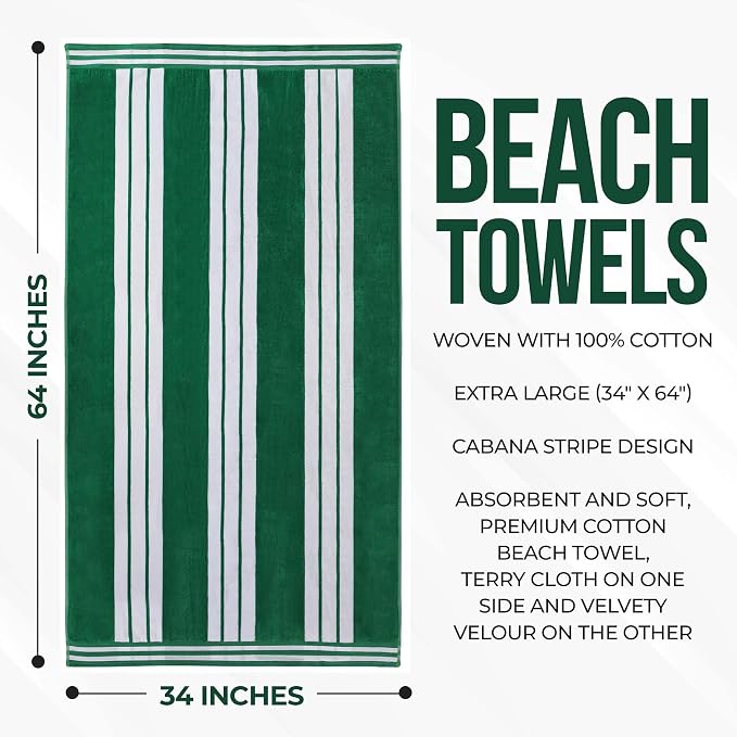 Superior Cotton Cabana Striped Beach Towels, Colorful Towels for Adult, Kid, Pool, Swimming, Sand, Travel, Large Oversized, Absorbent, Fast Drying, Bath Basics, Cabana Collection, 1 Piece, Dark Green - Image 5