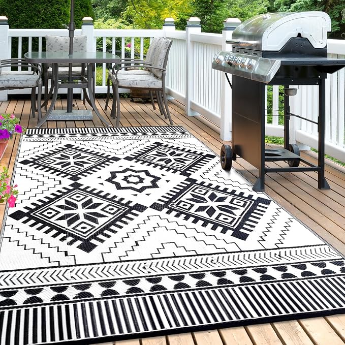 Waterproof Outdoor Rug 9x12ft, Boho Reversible Plastic Straw Mat for Patio RV Deck Porch Backyard Balcony Camping Picnic Beach Indoor Outdoor Carpet, Black&White - Image 6
