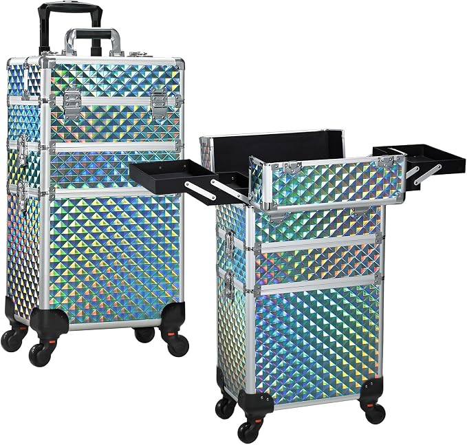 FRENESSA Rolling Makeup Train Case Cosmetology Case on Wheels 3 in 1 Blue | Cosmetic Trolley Large Storage with Keys 360° Swivel Salon Barber Case Traveling Cart Trunk for Artist Hairstylists Nail Tech by Frenessa