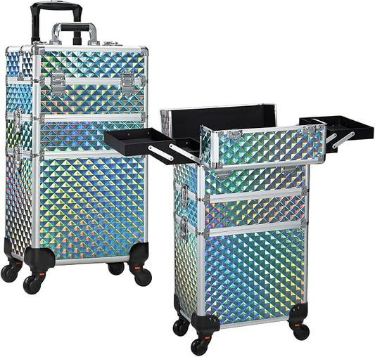 FRENESSA Rolling Makeup Train Case Cosmetology Case on Wheels 3 in 1 Blue | Cosmetic Trolley Large Storage with Keys 360° Swivel Salon Barber Case Traveling Cart Trunk for Artist Hairstylists Nail Tech by Frenessa
