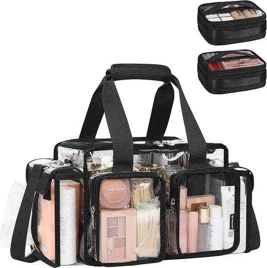 Relavel Clear Makeup Bag with 2 Small Pouches Professional Makeup Artist Kit Set Travel Cosmetic Organizer Case Transparent Stadium Approved Tote Bag Toiletry Lunch Duffle Work Shoulder Bag, Black by Relavel