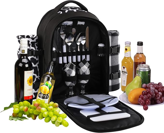 apollo walker Picnic Backpack Bag for 2 Person with Cooler Compartment, Detachable Bottle/Wine Holder, Fleece Blanket, Plates and Cutlery Set (2 Person, Black) - Image 7