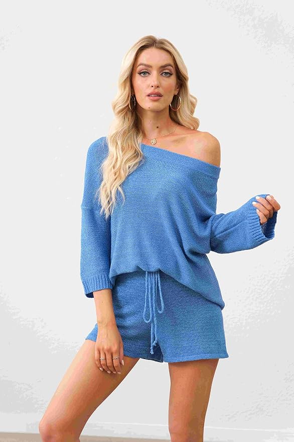 Ermonn Womens 2 Piece Outfits Sweater Sets Off Shoulder Knit Tops Waist Short Suits Casual Pajama Set - Image 6