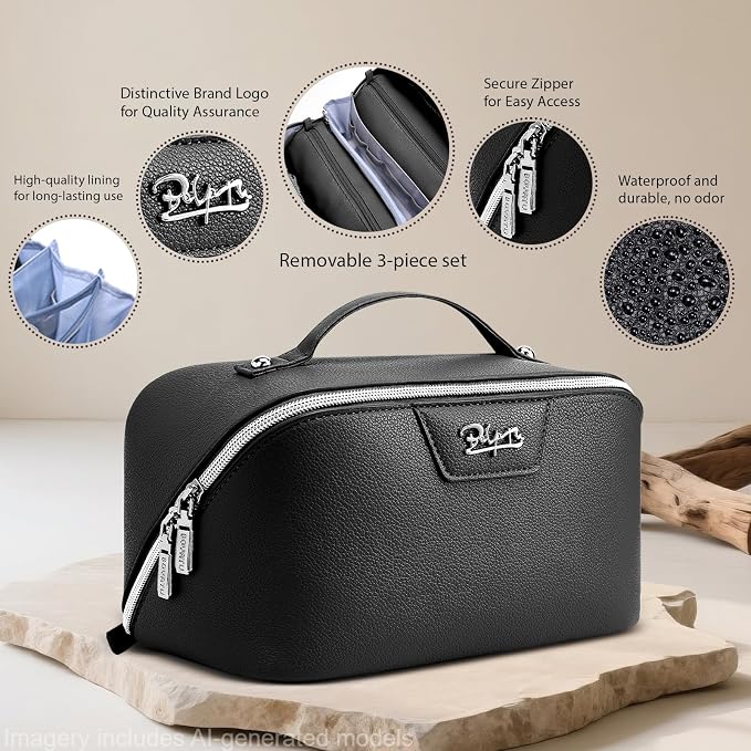 BOYATU Travel Makeup Bag Cosmetic Bags for Women: Large Capacity 3 Pcs Set Make up Bag with Compartments - Waterproof Vegan Leather Toiletry Organizer Bags with Handle (L26Black) - Image 2