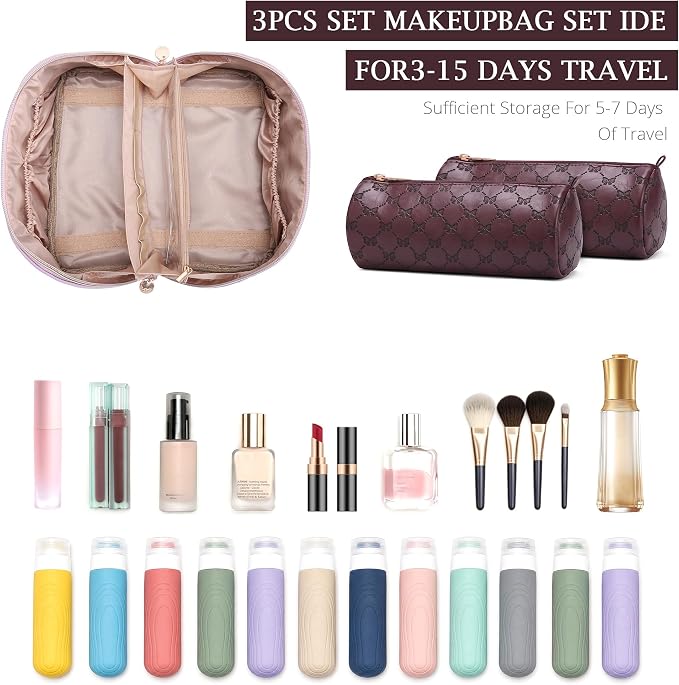 Travel Makeup Bags for Women: 3 Pcs Set Luxury Bow Print Make up Bag - Large Capacity Cute Cosmetic Case - 3–15 Day Travel Toiletry Organizer Bag, Comes with An Gift Box(Coffee brown) - Image 4