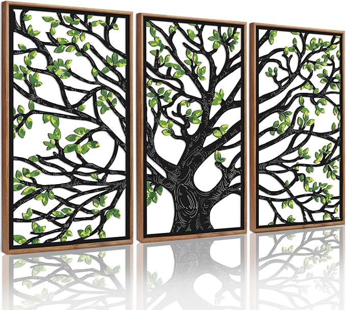 CHDITB Wooden Tree of Life Framed Wall Art(Set of 3, 16"x32"), 3 Panel Rustic Birch Green Leaves Hollow Laser Cut Artwork Decor, Modern Family Tree Wall Sculpture for Living Room Bedroom