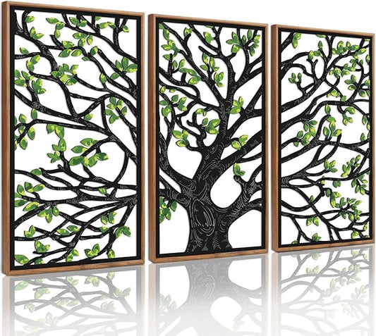 CHDITB Wooden Tree of Life Framed Wall Art(Set of 3, 16"x32"), 3 Panel Rustic Birch Green Leaves Hollow Laser Cut Artwork Decor, Modern Family Tree Wall Sculpture for Living Room Bedroom