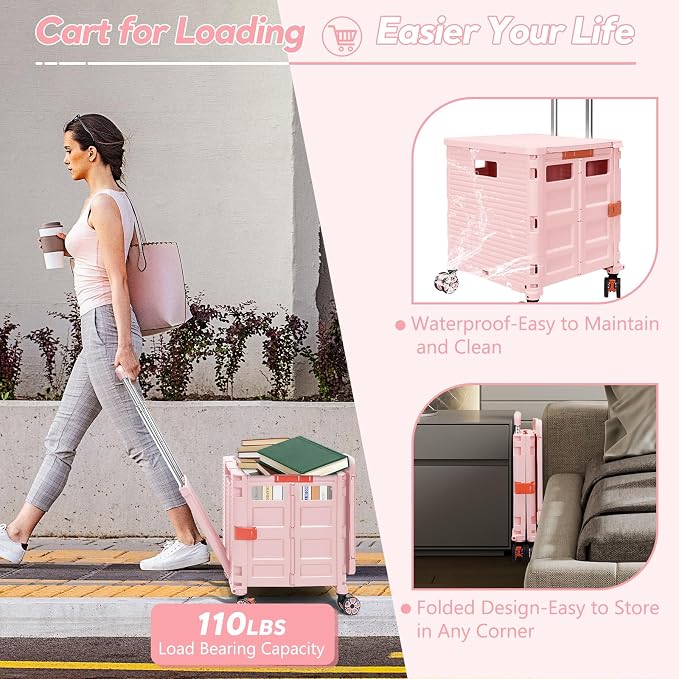 FELICON SELORSS Folding Utility Cart Portable Rolling Crate Handcart-Pink | Adjustable Handle+Extended Magnetic Lid,Storage Basket Box,4 Swivel Wheels Tote for Teacher Move Shop Travel Grocery Office - Image 4