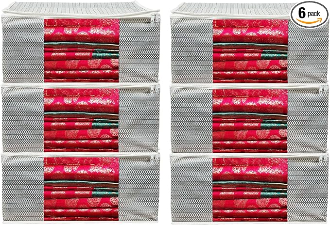 ANKIT INTERNATIONAL Grey Saree Cover Storage Bags Pack of 06 – Non Woven Foldable Clothes Storage Organizer with Zipper & Clear Window, Wardrobe Garment Storage for Sarees, Dresses by AI+ANKIT+INTERNATIONAL