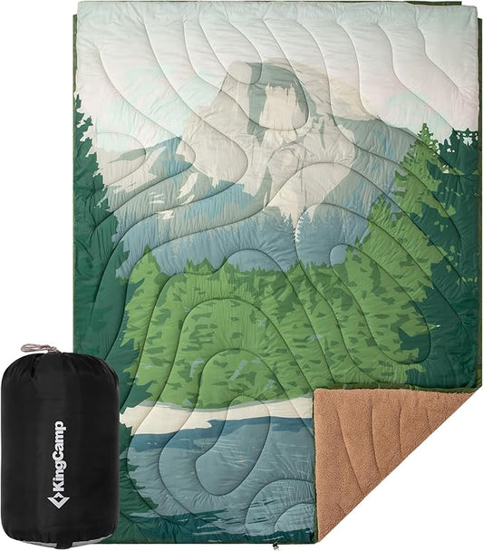 KingCamp Large Camping Blanket with Sherpa Lining, Packable Down Alternative Puffy Printed Wearable Blanket with Snap Buttons, Warm Weatherproof Quilt for Outdoor Travel (79" L x 57" W, Green) by KingCamp