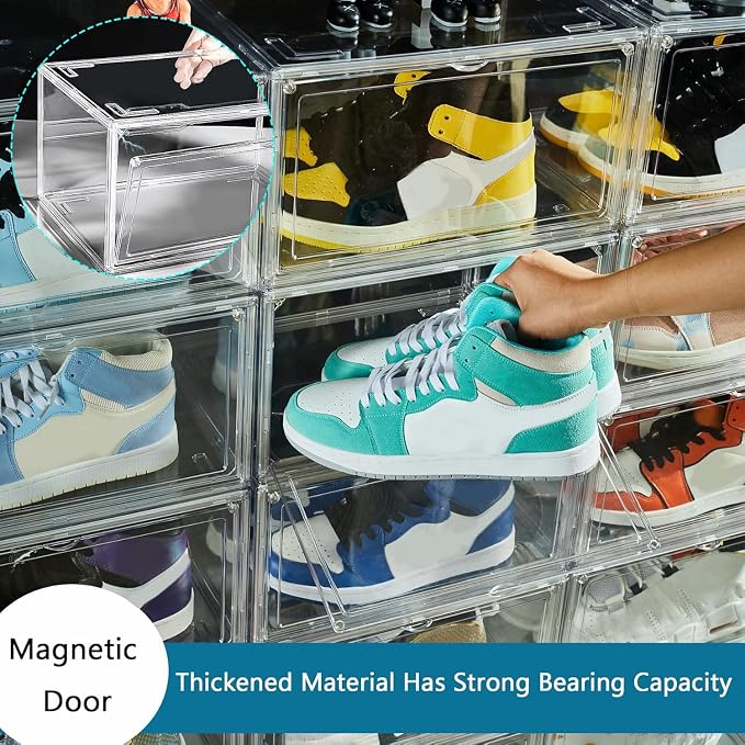 12 Pack Shoe Boxes, Clear Acrylic Stackable Plastic Sneaker Box Container, Magnetic Drop & Side Open Shoe Organizer Case Container With Lids Fits Up to Size 14 (Crystal Clear) - Image 4