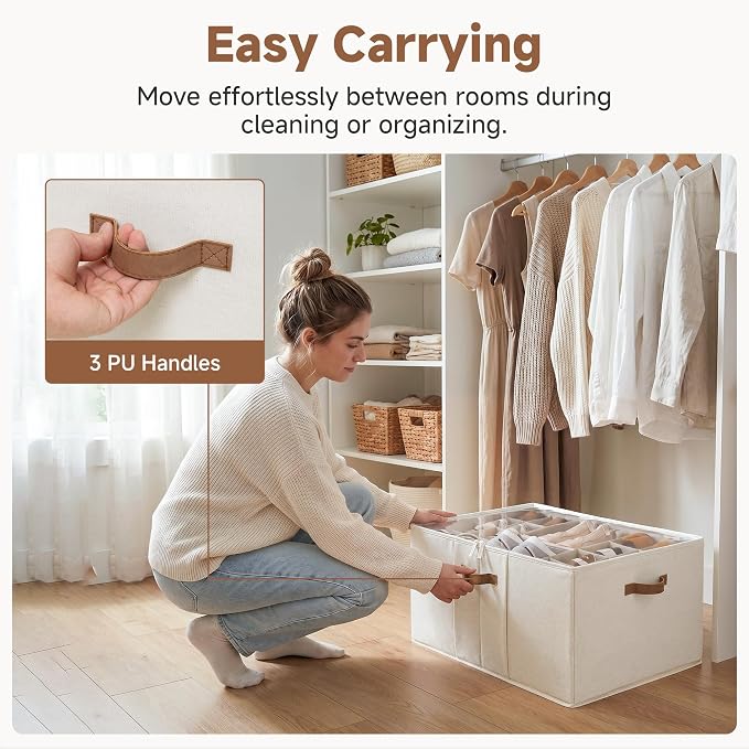 StorageWorks Shoe Organizer for Closet, Fits up to 24 Pairs, Shoe Cubby Storage Containers with Adjustable Dividers and Clear Cover, Beige - Image 3