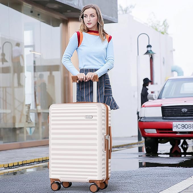 SHOWKOO Luggage Sets 3 Piece Hardside Expandable Suitcase with Double Spinner Wheels Tsa Lock Beige White (20in/24in/28) - Image 2