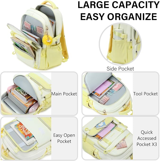 School Backpack for Girls, 3PCS Laptop Backpack 15.6 Inch with Lunch Box Pencil Pouch Set for Kids Teens Elementary Middle High School College Bookbag Student Casual Travel Daypack,Yellow Beige - Image 3