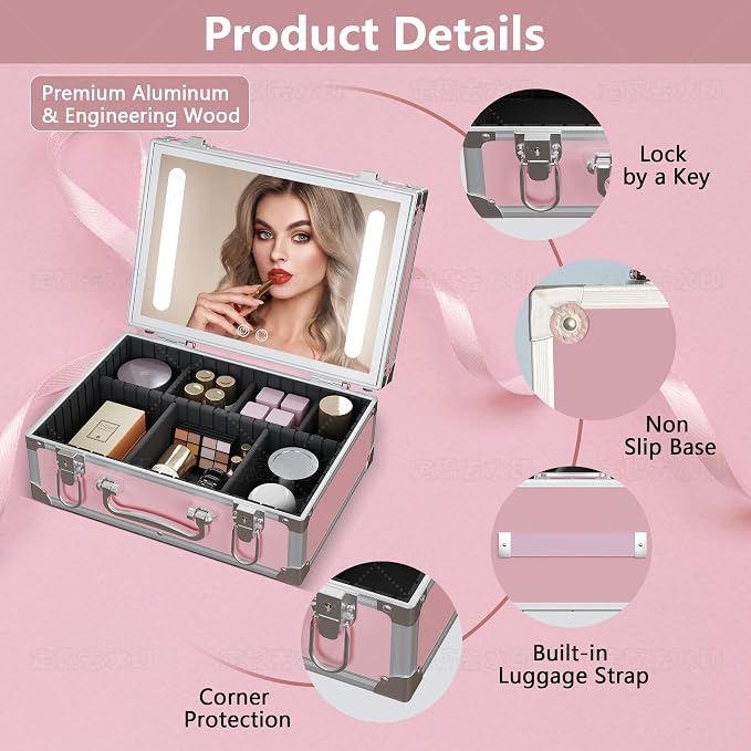 Cybergiant Travel Makeup Case with LED Mirror - Hard Shell Pink Travel Makeup Bag with Mirror - Portable Makeup Organizer with Mirror, Vanity Case for Cosmetics, Adjustable Divider - Image 2