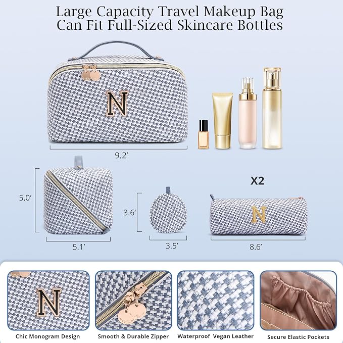 Personalized Gift Travel Makeup Bag: Initial Makeup Organizer Bag for Women | 3-in-1 Custom Make up Bag Set - Vegan Leather Travel Cosmetic Bag - Luxury Gift for Women – Birthday, Anniversary, Graduation - Image 6