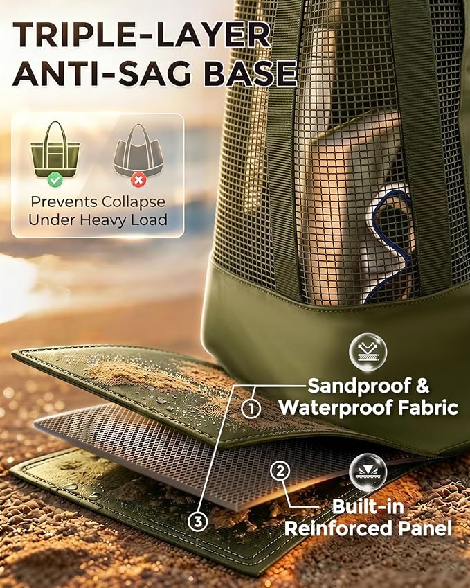 Large Mesh Beach Bag, Waterproof Bottom Tote, Structured Design Waterproof Pocket, Sandproof Pool Bag for Cruise Gym - Image 8