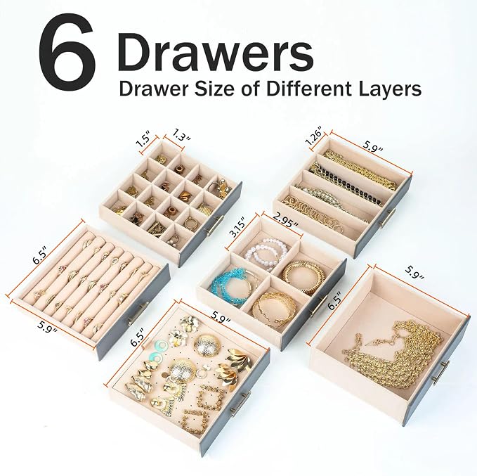 BOOVO Clear Lid Jewelry Box,6 Layers Jewelry Organizer Large Jewelry Storage Box with 6 Drawers,Jewelry Holder Organzier of Rings Earrings Necklace Bracelets for Women (Grey, 6 Layer) - Image 3