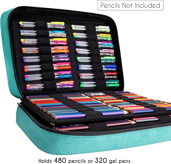 YOUSHARES Organizer Color Pencil 480 Slots - Pen Case Organizer with Handy Wrap & Zipper, Multilayer Holder for Prismacolor Colored Pencils & Gel Pen (Green) - Image 2