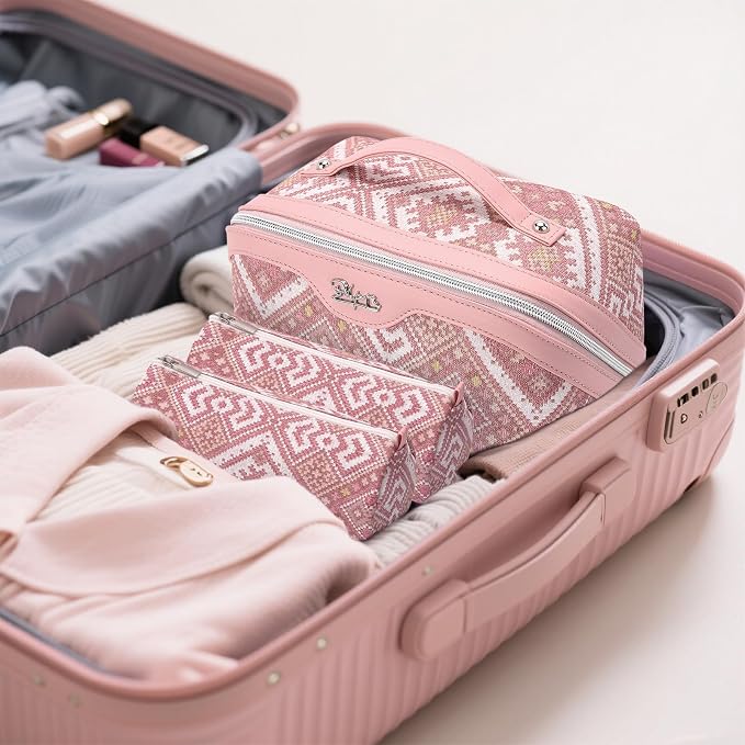 BOYATU Travel Makeup Bag Organizer: Boho Large Capacity Cosmetic Bag Sets | 3Pcs Waterproof Leather Toiletry Bags | 180°Open Flat Make up Case with Compartments | Western Travel Essentials for Women - Image 5