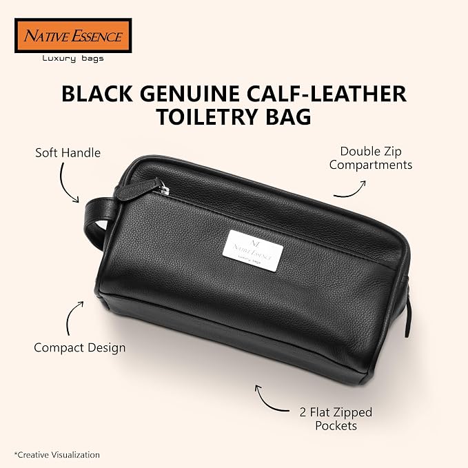 NATIVE ESSENCE Genuine Leather Toiletry Bag for Men & Women, Black | Dopp Kit, 2 Compartments, Travel Shaving & Grooming Organizer - Image 8