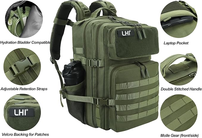 LHI Military Tactical Backpack for Men and Women 45L Army 3 Days Assault Pack Bag Large Rucksack with Molle System - Green - Image 5