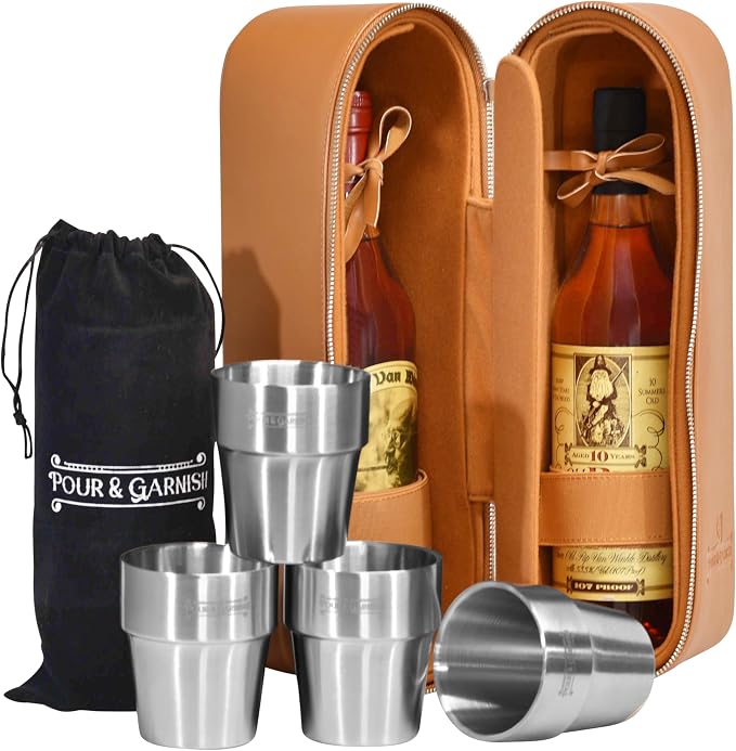 POUR & GARNISH Bourbon Whiskey & Wine Double Bottle Travel Bag with 4 Stainless Steel Double-Walled Vacuum Insulated Glasses - Makes a Great Gift! - Image 3