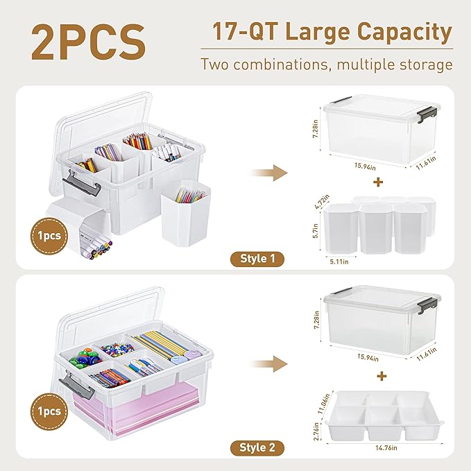 Citylife 17QT 2Packs Clear Craft Organizers and Storage Bins with Lids | Stackable Art Supply Organizer with Tray and 6 Inserts for Markers, Crayons, Pencils, Tools, Playdoh, Coloring Books - Image 2