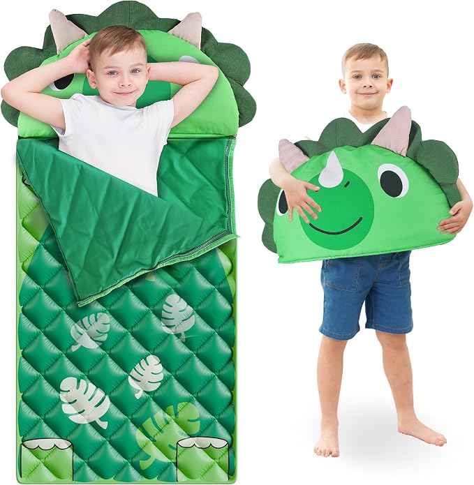 iPlay, iLearn Kid Sleeping Bag, Dinosaur Slumber Sack, Toddler Boy Nap Mat | 2 in 1 Green Dinos Cushion Pillow Blanket, Happy Travel Sleepover Daycare Preschool Birthday Gift for 3 4 5 6 Years Old Child by iPlayiLearnLLC