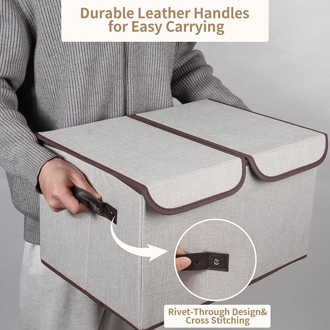 Foldable Fabric Storage Box, 16.5 x 11.8 x 9.8 inches (L x W x H), with Double-Lid & Dividers, Large Organizer for Home, Closet, Office(Grey) - Image 4