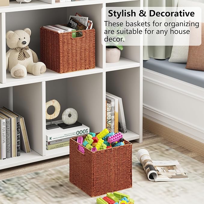 Vagusicc Wicker Storage Basket, Set of 2 Hand-Woven Paper Rope Wicker Basket, Foldable Cube Storage Bins, 9 inch Square Storage Baskets for Organizing Shelves & Decor, Orange (9″×9″×9″) - Image 5