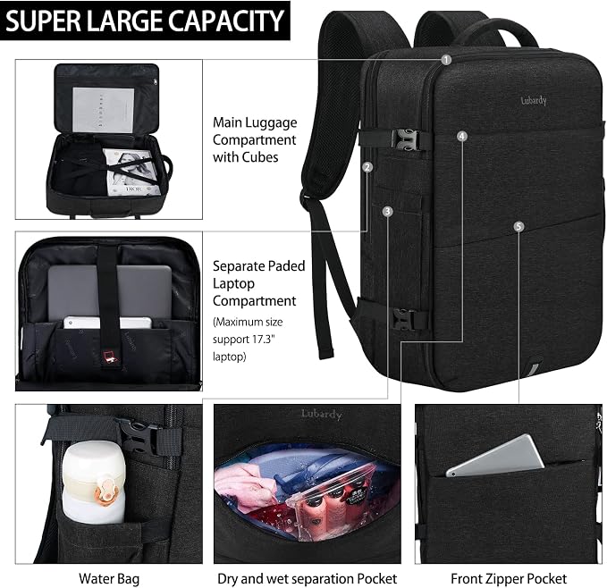 Lubardy Travel Backpack for Men Women 17 Inch Flight Approved Carry on Backpack Waterproof Large 40L Luggage Daypack Business College Weekender Overnight Laptop Backpack with 3 Packing Cubes, Black - Image 4