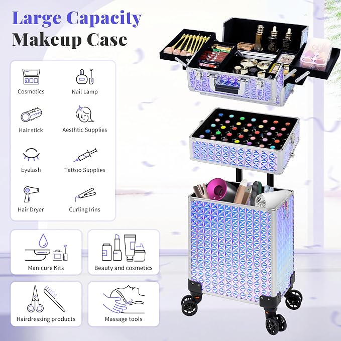 3 in 1 Rolling Makeup Train Case Cosmetology Case on Wheels, Silver | Large Cosmetic Trolley Organizer with Keys Salon Barber Case Traveling Cart Trunk for Artist Hairstylists Nail Tech - Image 3