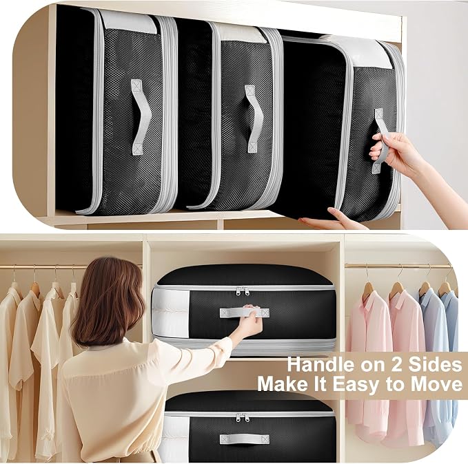 Comforter Storage Bag - 130L Large Capacity Blanket Storage Bags 4-Layer Ultra Space Saving Self Compression Organizer, Washable Compression Bags for Storage Comforter Blanket, 4-Pack, Black - Image 4