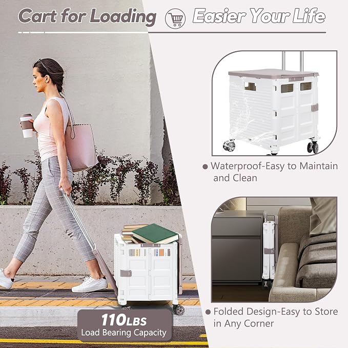 FELICON SELORSS Folding Utility Cart Portable Rolling Crate Handcart-White | Adjustable Handle+Extended Magnetic Lid,Storage Basket Box,4 Swivel Wheels Tote for Teacher Move Shop Travel Grocery Office - Image 4