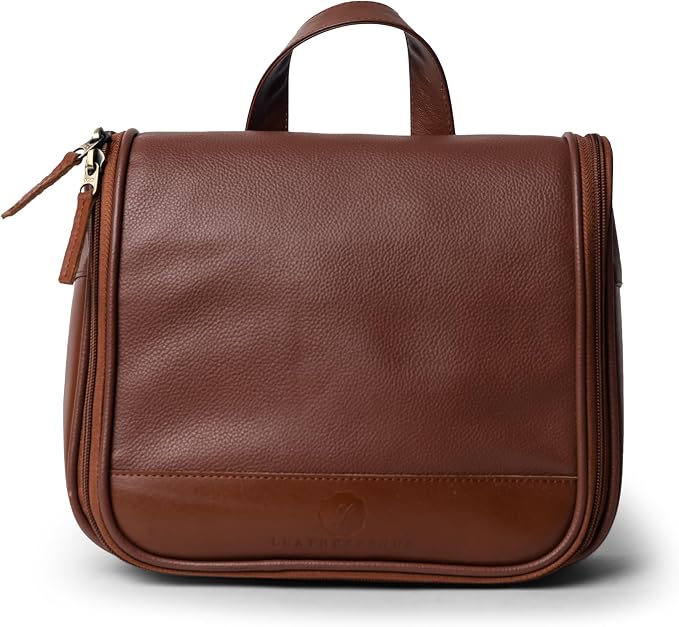 Sutton Handmade Genuine Cowhide Leather Hanging Toiletry Bag Travel Dopp Kit for Men and Women Caramel Brown by LEATHERESQUE