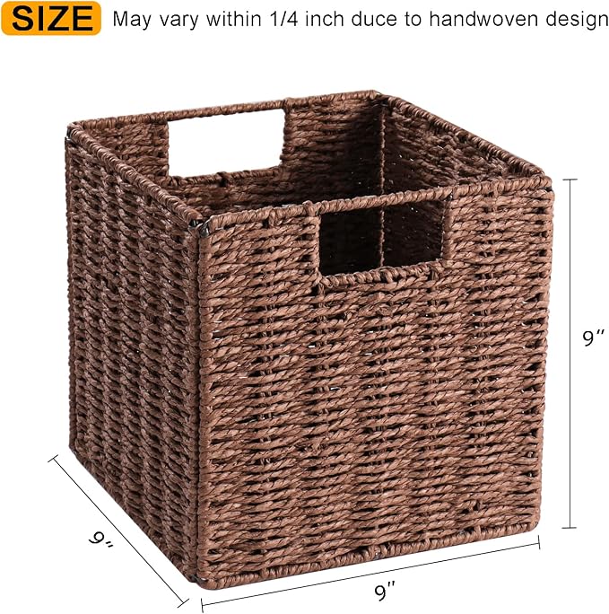 Vagusicc Wicker Storage Basket, Set of 2 Hand-Woven Storage Baskets for Shelves, Foldable Cube Storage Baskets Bins with Handles, 9 inch Small Wicker Baskets for Organizing Pantry Bedroom, Brown - Image 5