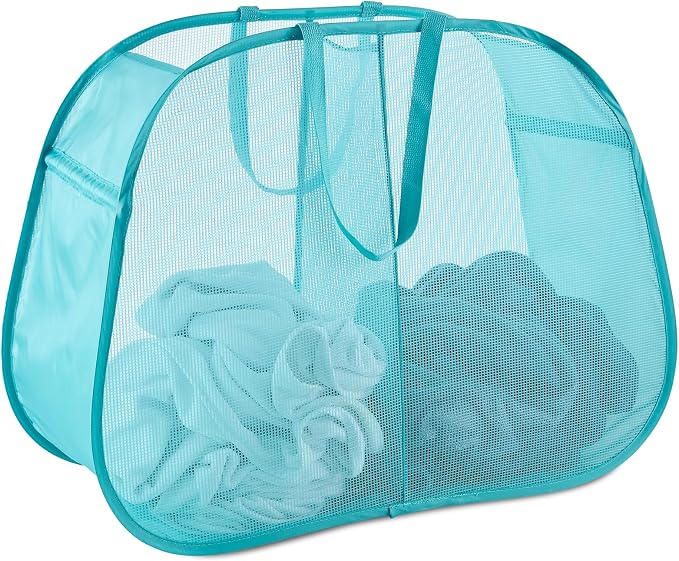 Seiritex Mesh Popup Laundry Hamper 2 Compartment, Collapsible Laundry Sorter Basket Foldable Hamper for Clothes, College Dorm, Travel (Turquoise Blue) by SEIRITEX